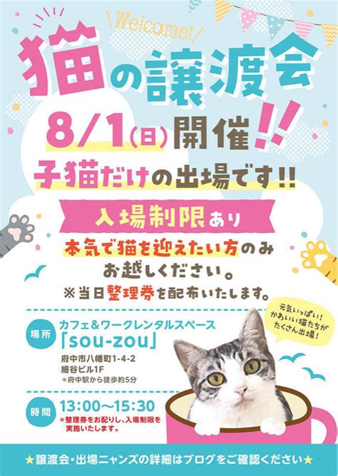 本日 ️【府中駅から徒歩5分】8月1日（日）子猫の譲渡会開催 ️ Npo法人 府中猫の会