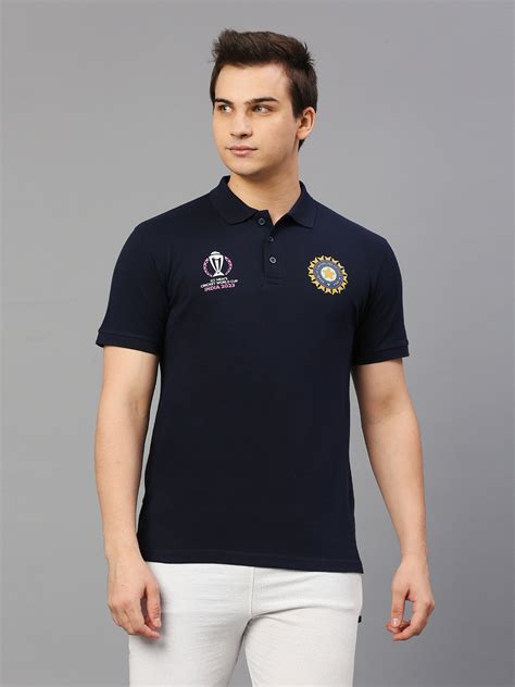 Buy Official ICC CWC 23 Men Navy Blue Solid Short Sleeves Polo Collar T