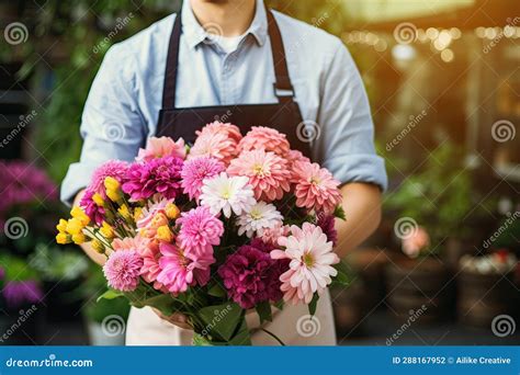 Male Florist Holding A Bouquet Of Flowers In His Hands Stock