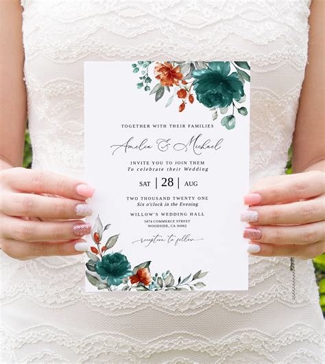 Orange Teal Wedding Invitation Template Teal Orange Wedding Etsy Uk