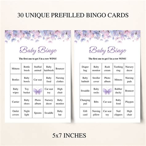 30 Printable Butterfly Baby Shower Bingo Cards 5x7'' Purple Butterfly ...