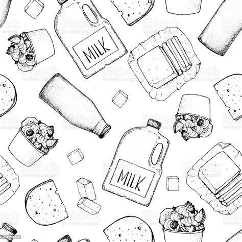 Dairy Products Hand Drawn Vector Illustration Seamless Pattern Organic