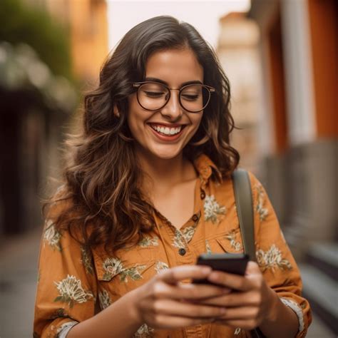 Premium Ai Image A Woman With Glasses Is Looking At A Phone And Smiling