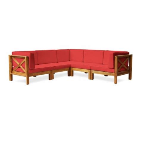 Noble House Brava Piece Outdoor Acacia Wood Sectional Sofa Set In Red