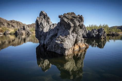 Premium AI Image | Natural rock formation jutting out of a tranquil lake created with generative ai