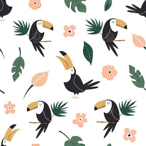 Seamless Pattern With Tropical Toucan Birds And Palm Leaves Background