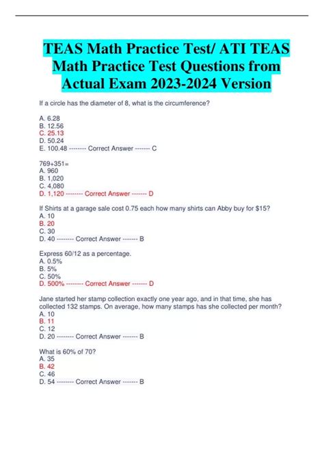 Answers To The Teas V Test Teas Math Practice Test Ati Teas