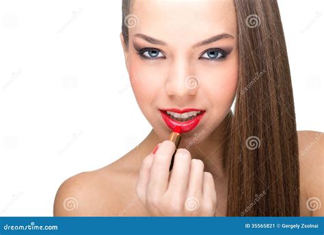 Beautiful Fair Skinned Woman Using A Red Lipstick Stock Image Image