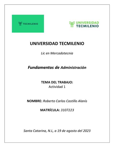 Fundamentos de Administración Act 1 UNIVERSIDAD TECMILENIO Lic en