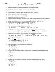 Periodic Trends Practice Worksheet Name Date Period Periodic