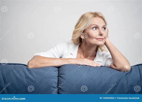 Woman Leaning Her Elbow On The Couch Stock Image Image Of Female