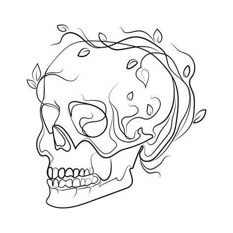 Skull With Growing Flowersleaves And Plants Line Art Drawingabstract