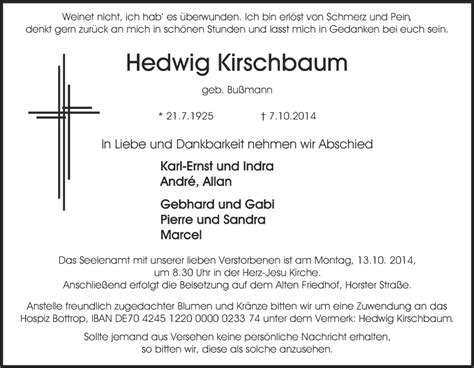 Traueranzeigen Von Hedwig Kirschbaum Trauer In NRW De