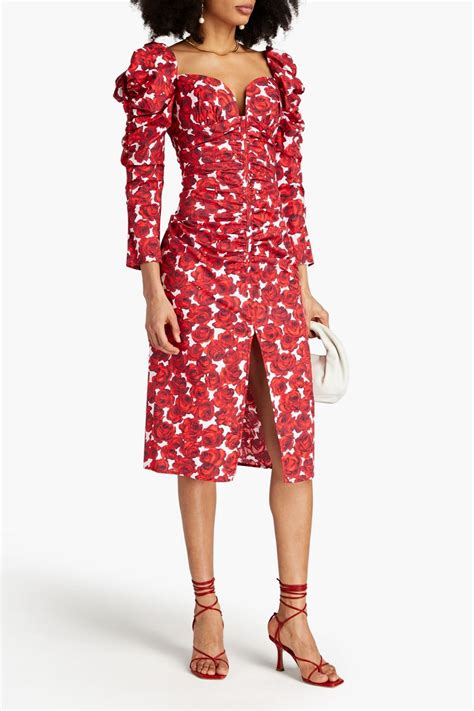 Carolina Herrera Ruched Floral Print Cotton Blend Poplin Midi Dress The Outnet