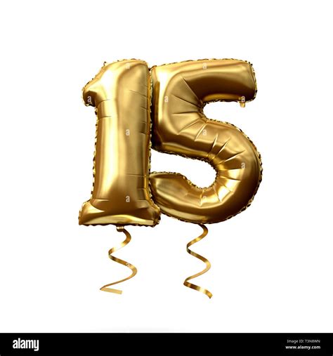 Number 15 gold foil helium balloon isolated on a white background. 3D ...