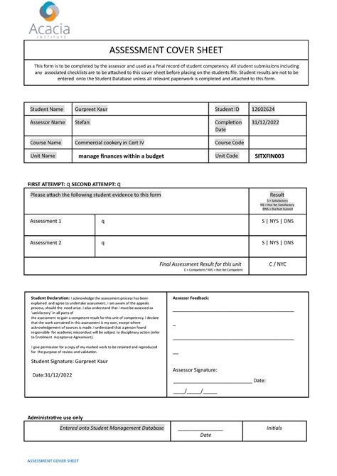 Sitxfin Student Pack Assessment Cover Sheet This Form Is To Be