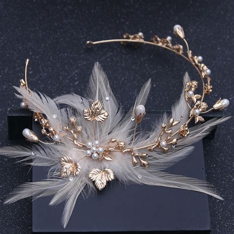 Baroque Vintage Gold Feather Crystal Pearl Headband Rhinestone Flower