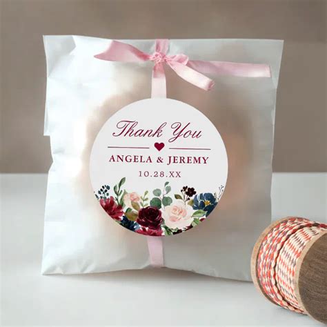 Burgundy Blush Floral Wedding Favor Thank You Classic Round Sticker