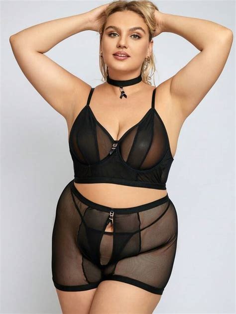 Plus Sheer Mesh Underwire Lingerie Set With Choker SHEIN UK