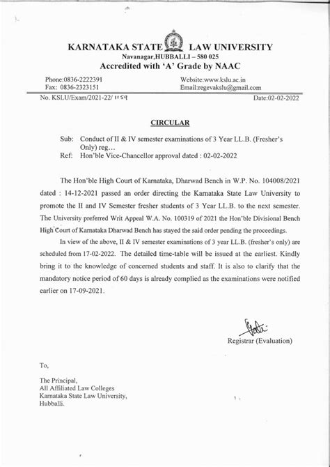 Kslu Circular Conduct Of Ii And Iv Sem Exam Of Year Ll B Kle