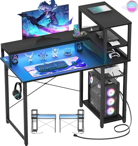 Huuger L Shaped Desk Gaming Desk With Led Lights And Power Outlets