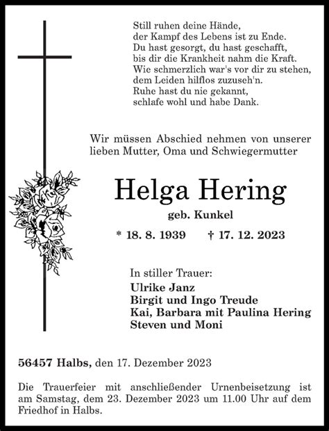 Traueranzeigen Von Helga Hering Rz Trauer De