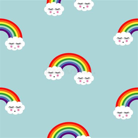 Rainbow Background Seamless Pattern With Smiling Sleeping Clouds And