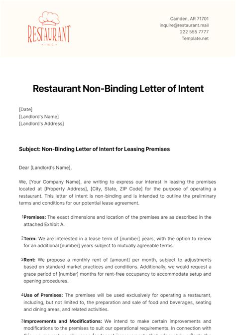 Free Restaurant Non Binding Letter Of Intent Template Edit Online