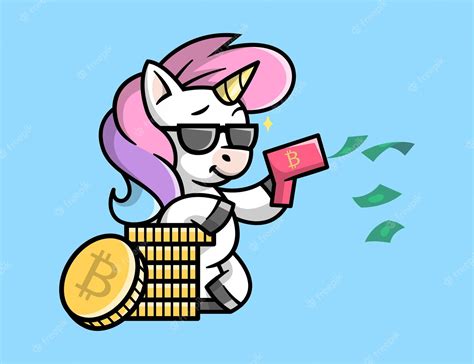 Un Unicornio Lindo Trae Una Pistola De Dinero Y Se Apoya En Un Montón De Monedas Vector Premium