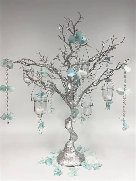 Silver Tree With Tiffany Blue Flower Crystal Chains Hanging Votives