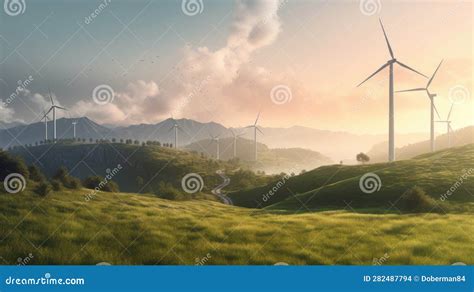 Wind Turbines On The Green Hills Against The Colorful Sunset Sky Production Of Renewable Green