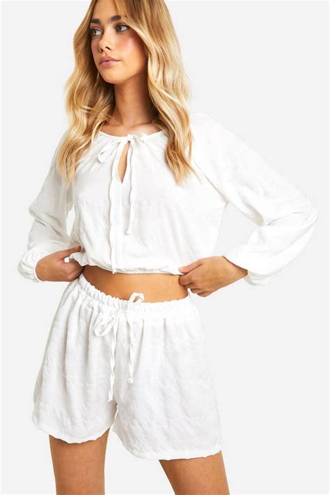 Textured Tie Front Blouse And Flippy Shorts Boohoo Uk