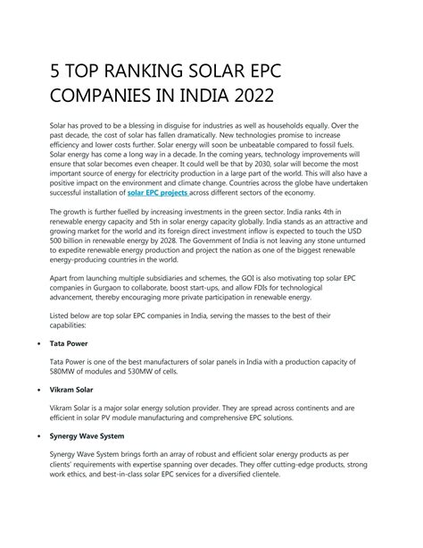 5 Top Ranking Solar Epc Companies In India 2022 By Synergywave Issuu