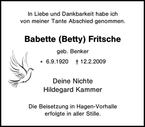 Traueranzeigen Von Babette Fritsche Trauer In NRW De