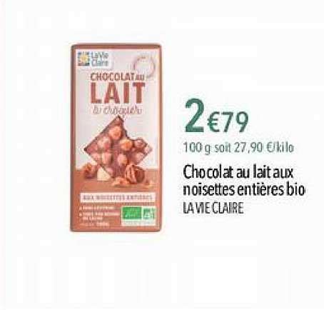 Promo Chocolat Au Lait Aux Noisettes Entières Bio La Vie Claire chez La