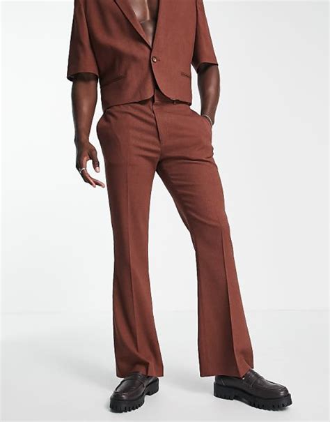 Asos Design Flared Suit Pants In Rust Microtexture Asos