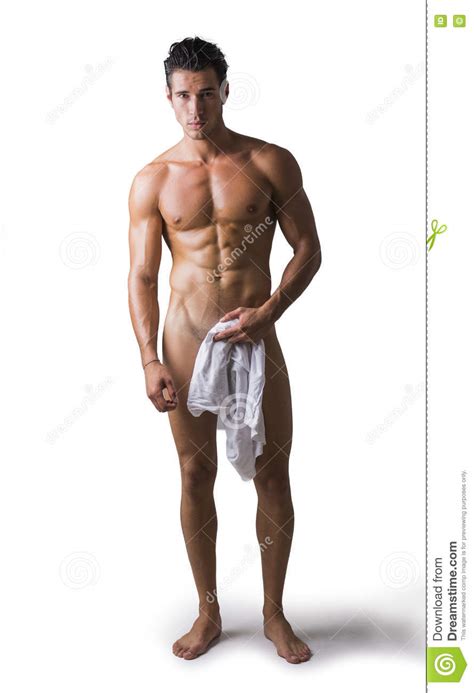 Naked Muscular Man Covering Crotch With Shirt Stock Image Image Of