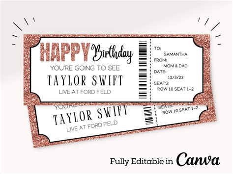 Rose Gold Birthday Concert Ticket Template Editable Event Ticket Canva