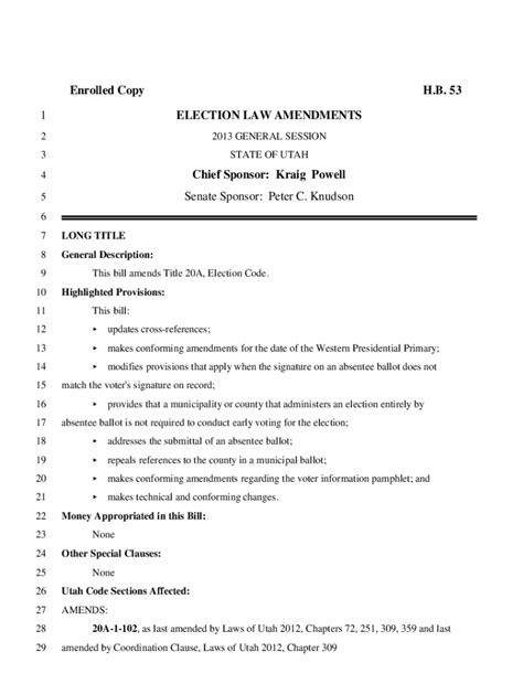 Fillable Online Le Utah Enrolled Copy H B 53 ELECTION LAW AMENDMENTS