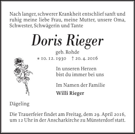 Traueranzeigen Von Doris Rieger Sh Z Trauer