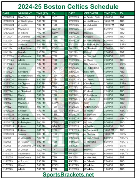 Printable 2024 25 Boston Celtics Schedule TV Broadcasts And Matchups