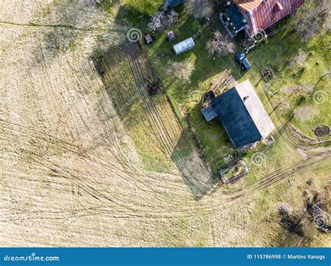 Drone Image Aerial View Of Rural Area With Fields And Countryside