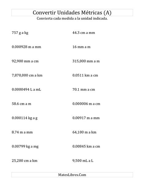 Ejercicios matemáticos y problemas matemáticos Conversión de unidades