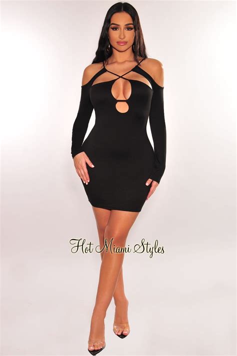 Black Cut Out Crisscross Long Sleeve Mini Dress Hot Miami Styles