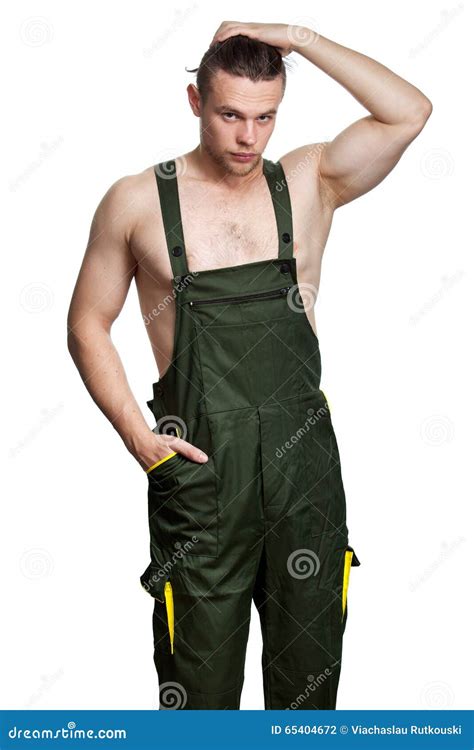 Caucasian Guy With A Naked Torso In Overalls Stock Photo Image Of