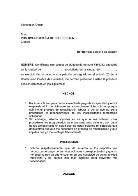 Derecho De Petici N Pago De Incapacidades Valledupar Cesar Sres