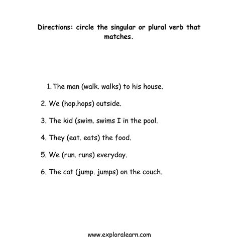 Free Exploralearn Worksheets Class 1 English Grammar Worksheets Singular Plural Verbs