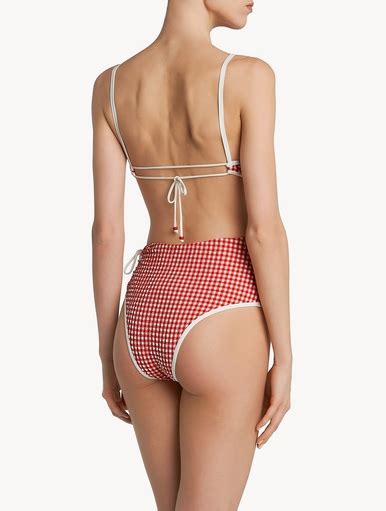 La Perla High Waisted Bikini Briefs In Blue Gingham Seersucker Red