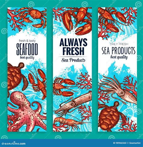 Seafood Restaurant Sea Food Banners Vector Set Stock Vector