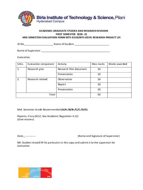 Fillable Online 21 MID SEMESTER EVALUATION FORM BITS G529 BITS G539 Fax